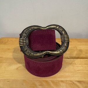 Vintage-Inspired Burgundy Suede Belt with Ornate Antique Brass Buckle